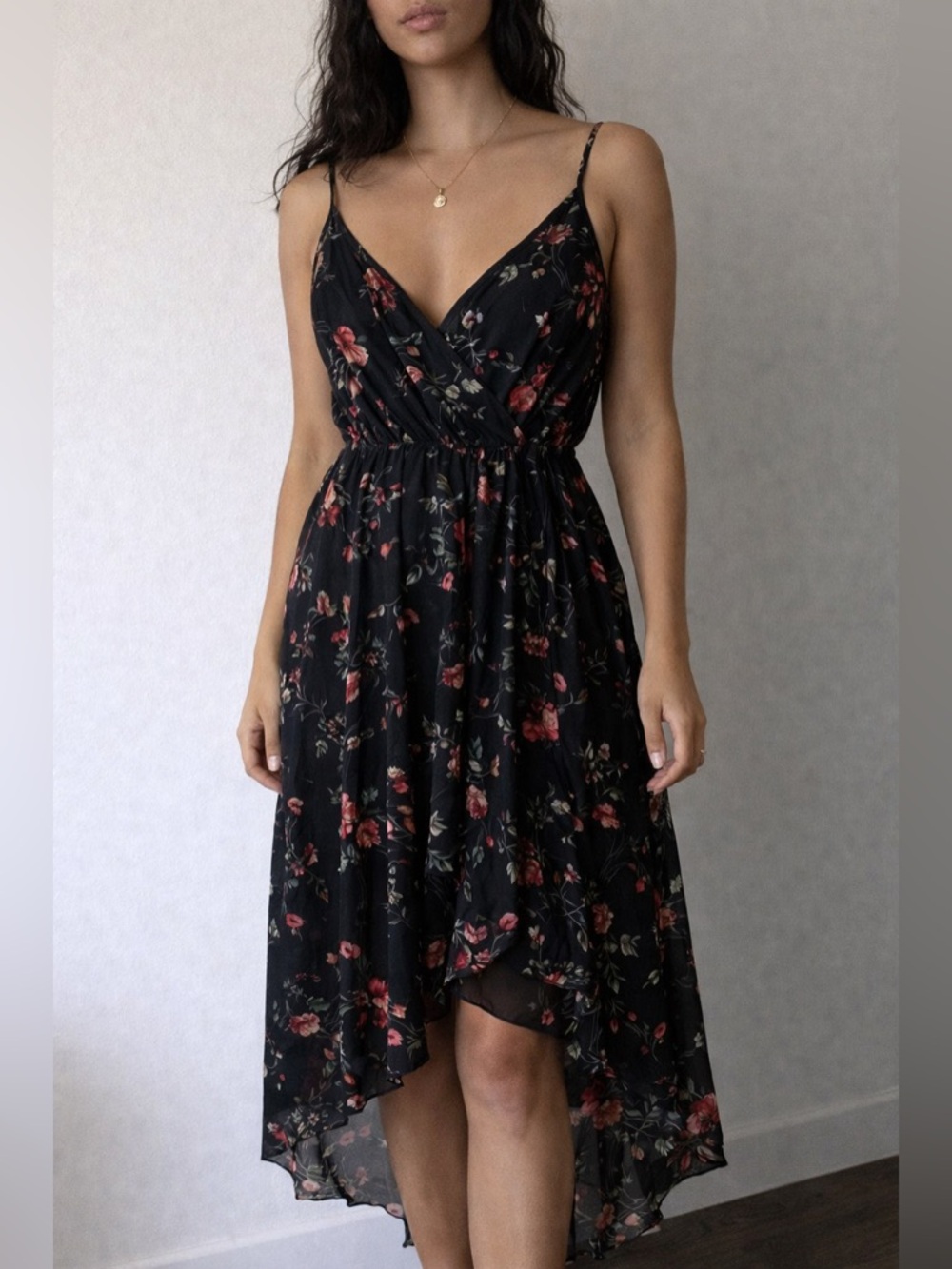 IZ Byer Black Floral Chiffon Wrap High Low Midi Dress Large Dark Romantic